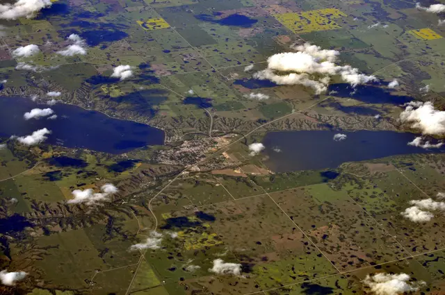 Aerial view of Fort Qu'Appelle between the lakes